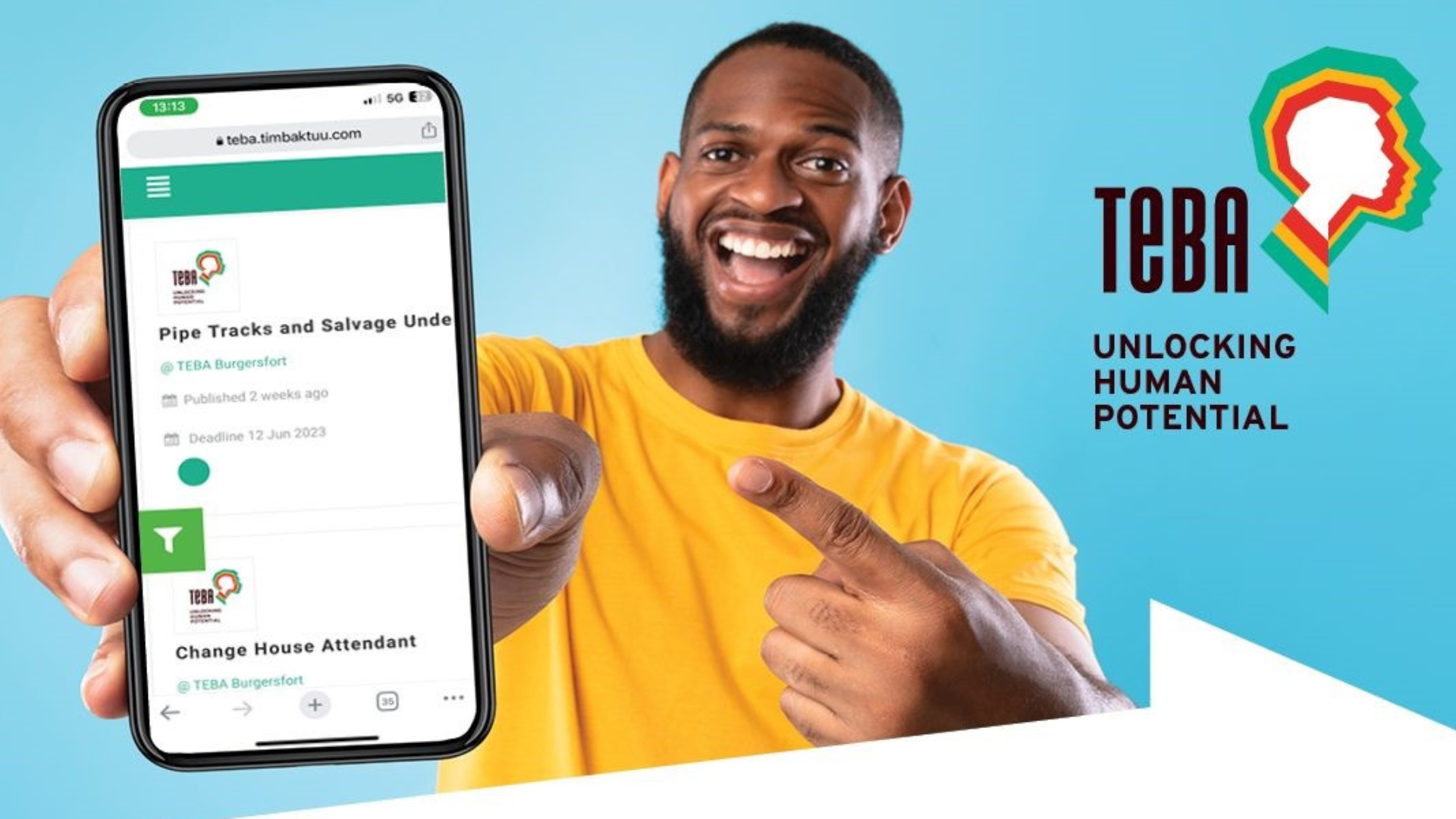 The TEBA recruitment portal on a mobile phone